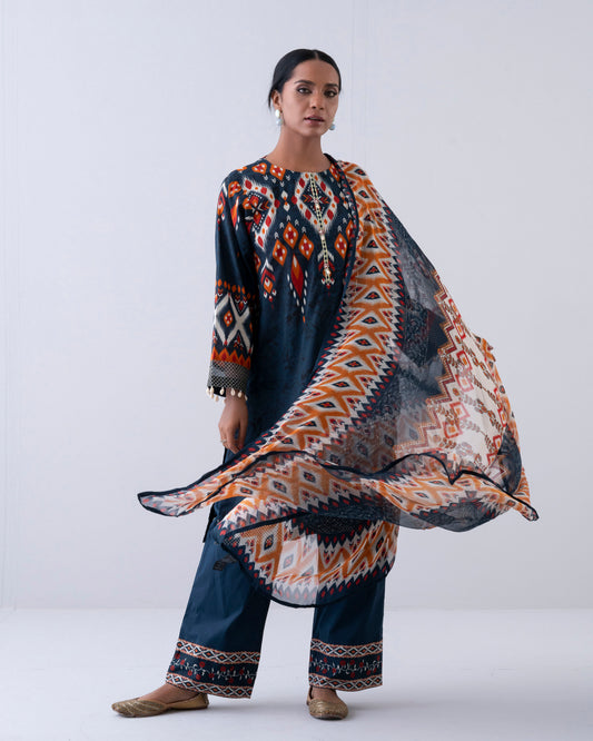 Relaxed Fit Embroidered Three-Piece Lawn with Chiffon Dupatta