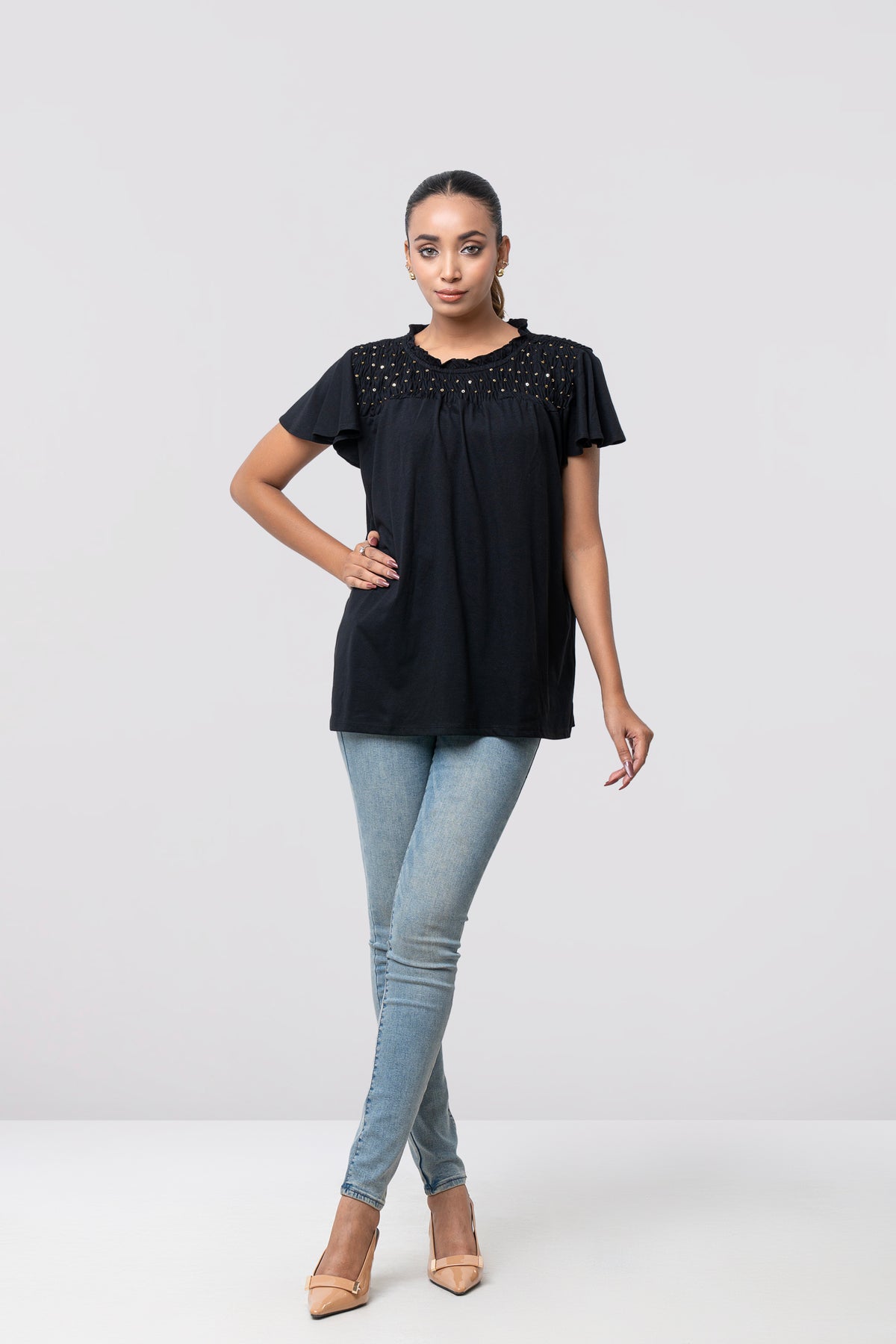 Regular Fit Cap Sleeve T-Shirt with Sequin Front Yoke