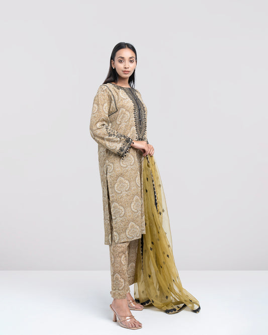 Relaxed Fit Embroidered Three-Piece Lawn with Organza Dupatta