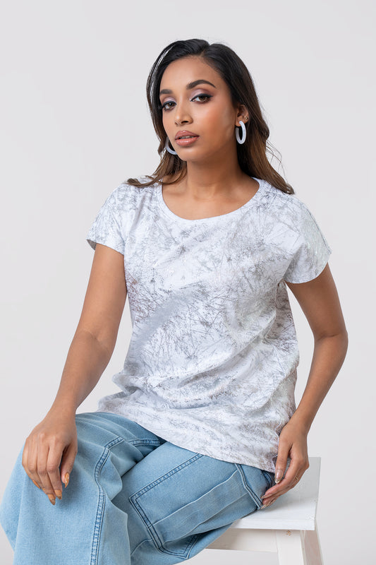 Relaxed Fit Silver Marble Shimmer T-Shirt - Bling