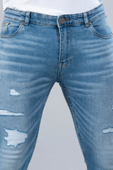 Skinny Fit Distressed Mid Blue Jeans