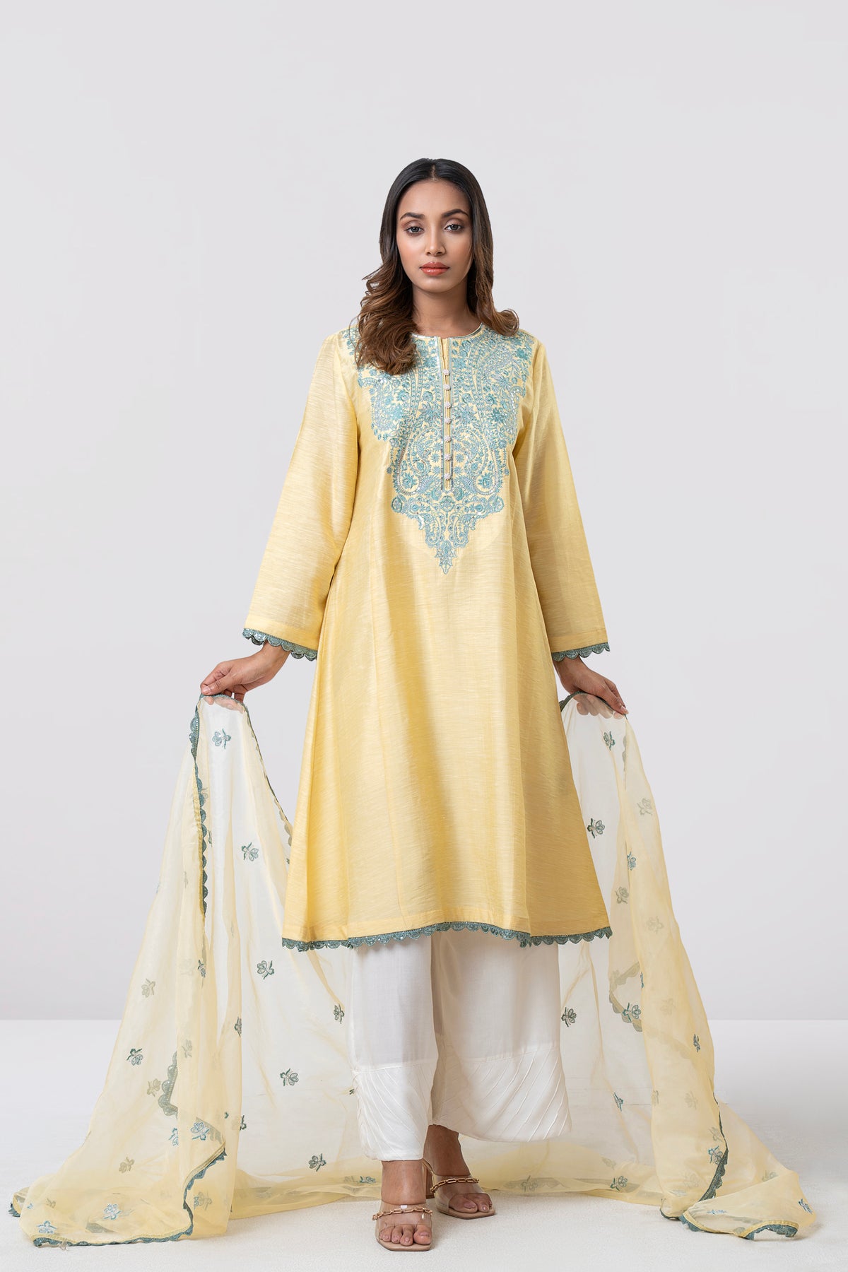 Smart Fit Embellished Two-Piece Formal Ethnic Set with Organza Dupatta