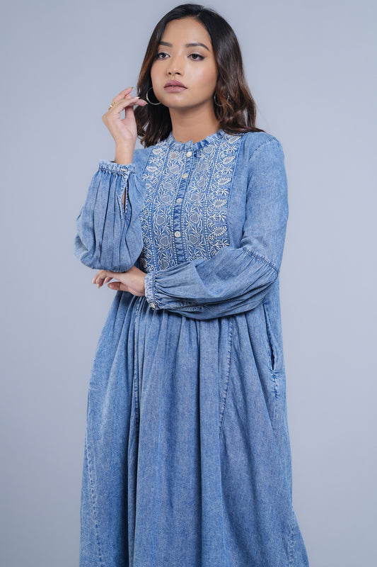 Long-Length Denim Ethnic Kurta - One Piece