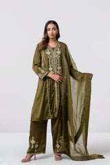 Smart Fit Embroidered Three-Piece Formal Ethnic Set with Organza Dupatta