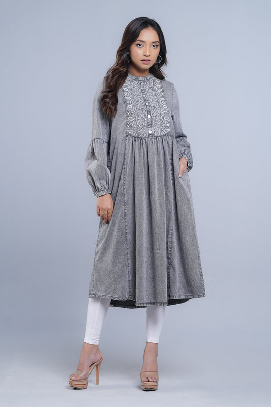 Long-Length Denim Fabric Ethnic Kurta - One Piece