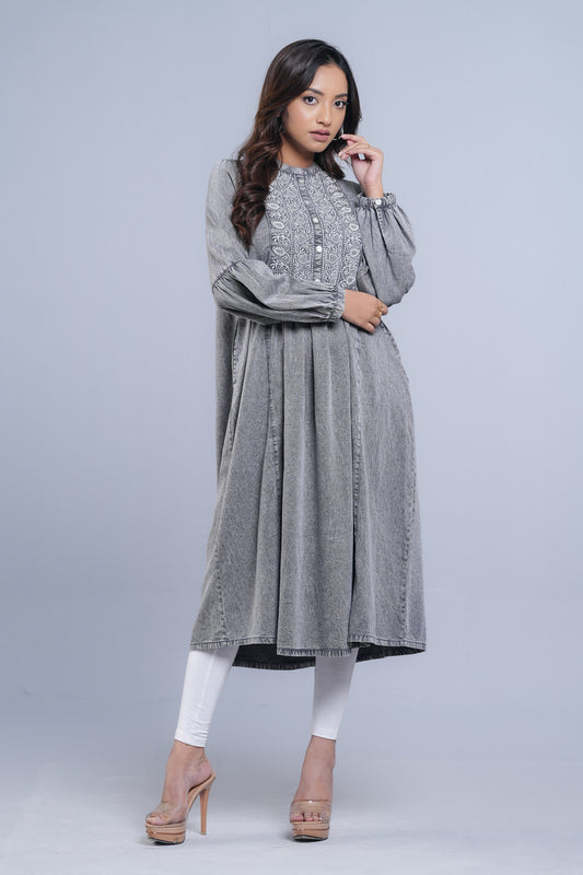 Long-Length Denim Fabric Ethnic Kurta - One Piece