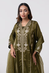 Smart Fit Embroidered Three-Piece Formal Ethnic Set with Organza Dupatta