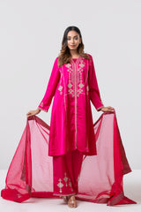 Smart Fit Embroidered Three-Piece Formal Ethnic Set with Organza Dupatta