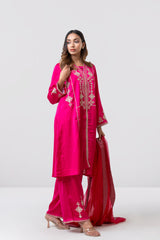 Smart Fit Embroidered Three-Piece Formal Ethnic Set with Organza Dupatta