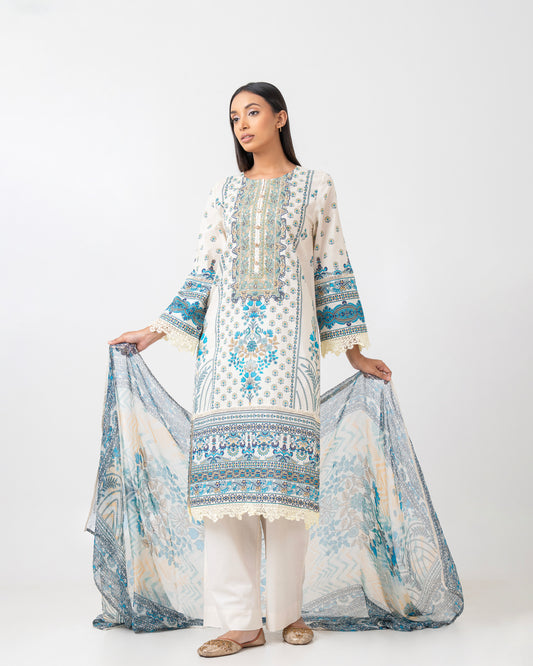 Smart Fit Embroidered Three-Piece Lawn with Chiffon Dupatta