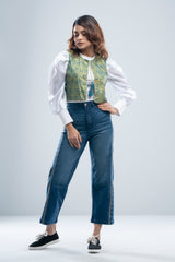Allover Printed Short-Length Vest-Style Bolero Top