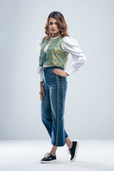 Allover Printed Short-Length Vest-Style Bolero Top