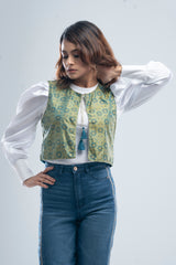 Allover Printed Short-Length Vest-Style Bolero Top