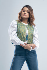 Allover Printed Short-Length Vest-Style Bolero Top