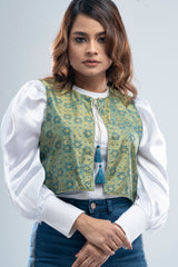 Allover Printed Short-Length Vest-Style Bolero Top