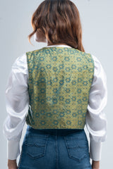Allover Printed Short-Length Vest-Style Bolero Top