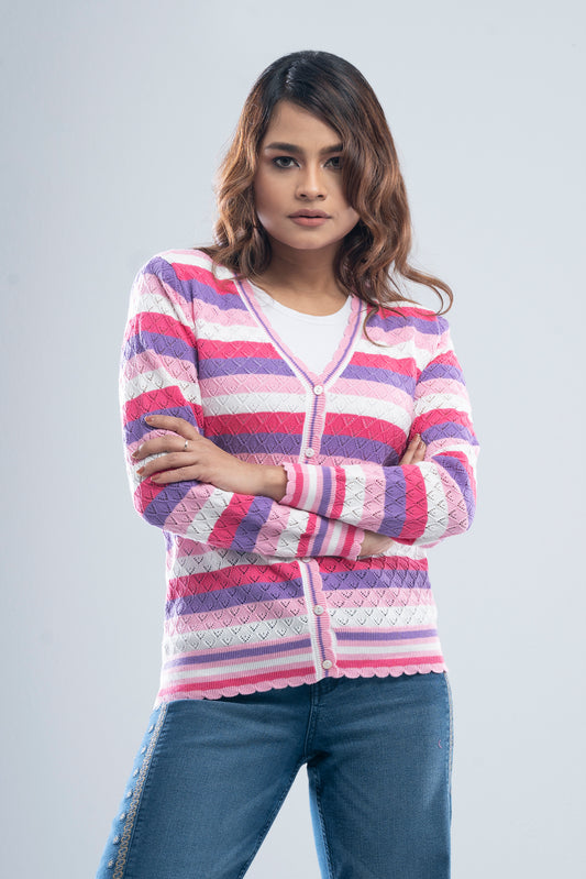 Pointelle Structure Block Stripe Cardigan