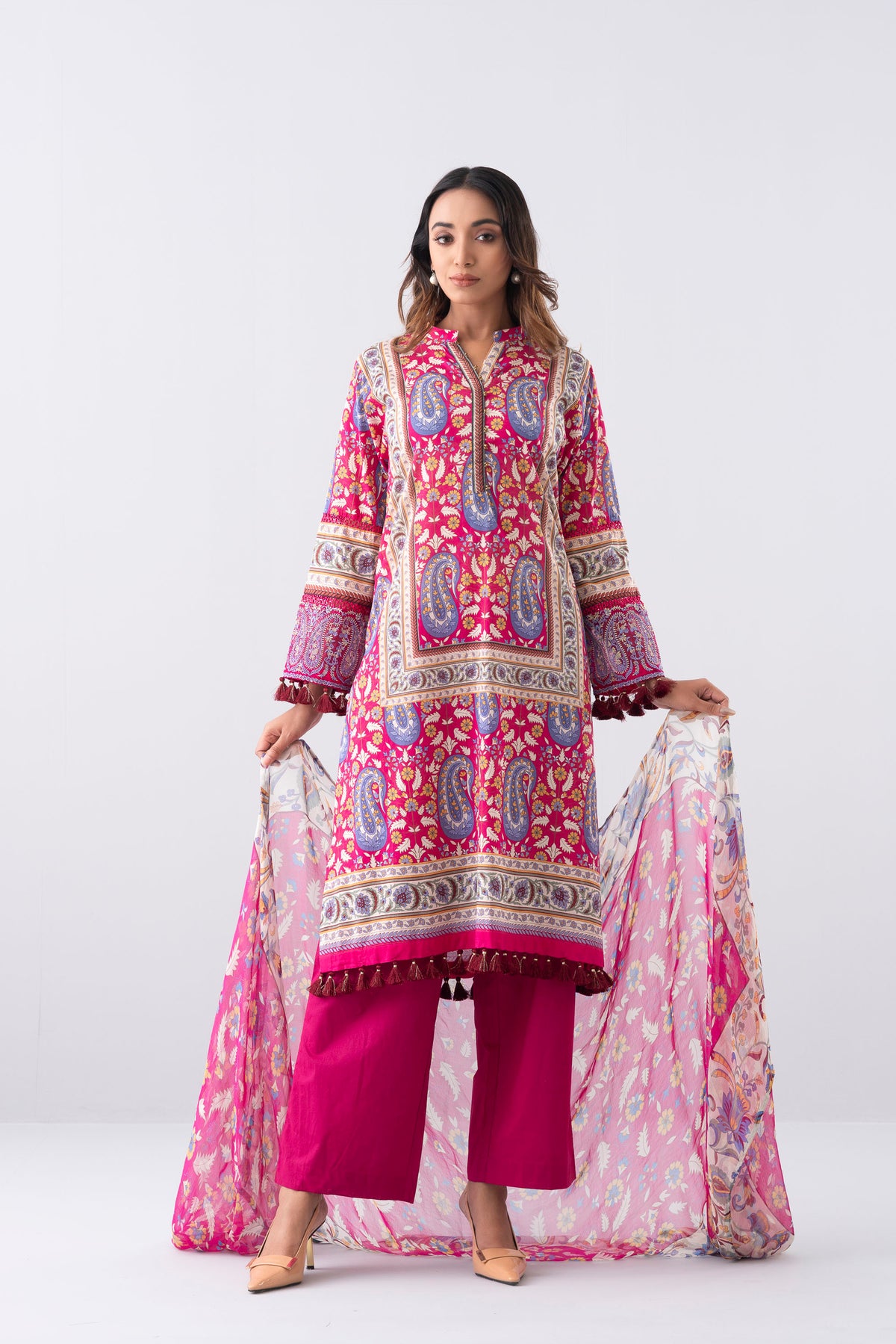 Relaxed Fit Printed Three-Piece Lawn with Chiffon Dupatta