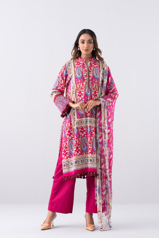 Relaxed Fit Printed Three-Piece Lawn with Chiffon Dupatta