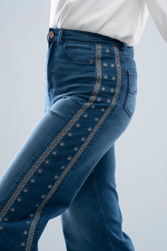 Straight Fit Embroidered Denim