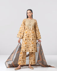 Relaxed Fit Embroidered Three-Piece Lawn with Organza Dupatta