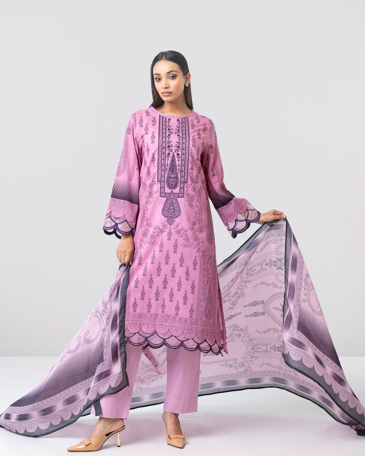 Smart Fit Embroidered Three-Piece Lawn with Silk Dupatta