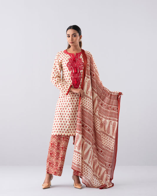 Relaxed Fit Printed Three-Piece Lawn with Cotton Dupatta