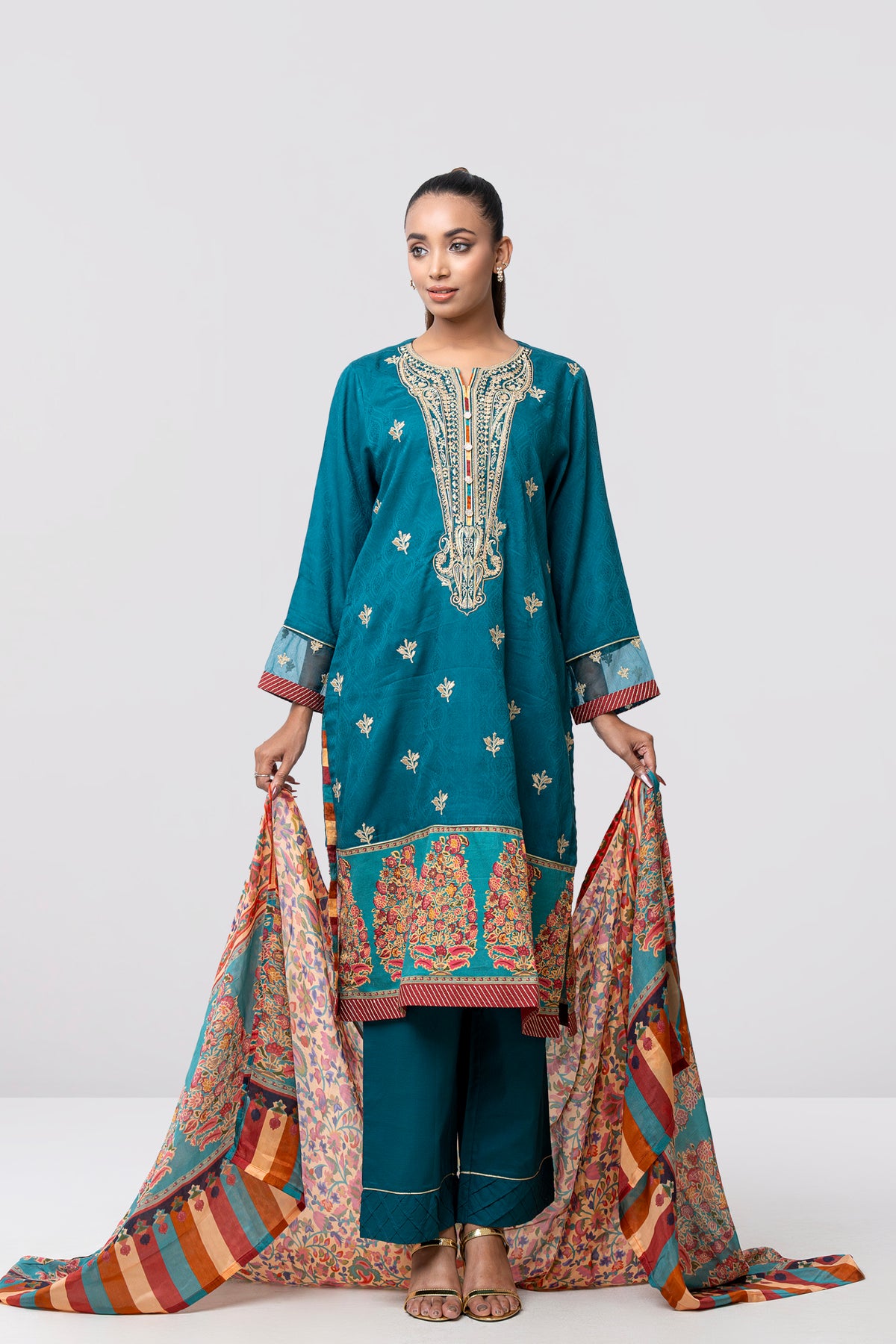 Relaxed Fit Embroidered Jacquard Three-Piece Lawn with Silk Dupatta