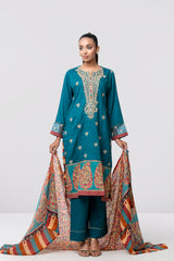 Relaxed Fit Embroidered Jacquard Three-Piece Lawn with Silk Dupatta