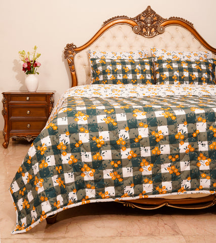 Bed Spread - Green Check Floral