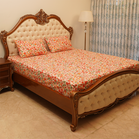 Bed Sheet - Peach Floral Multi (Queen Size)