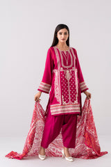 Relaxed Fit Embroidered Three-Piece Lawn with Silk Dupatta