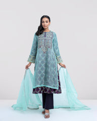 Smart Fit Embroidered Muslin Three-Piece Formal Ethnic Set with Organza Dupatta