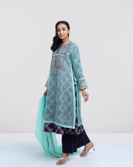 Smart Fit Embroidered Muslin Three-Piece Formal Ethnic Set with Organza Dupatta