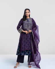 Smart Fit Embroidered Muslin Three-Piece Formal Ethnic Set with Organza Dupatta