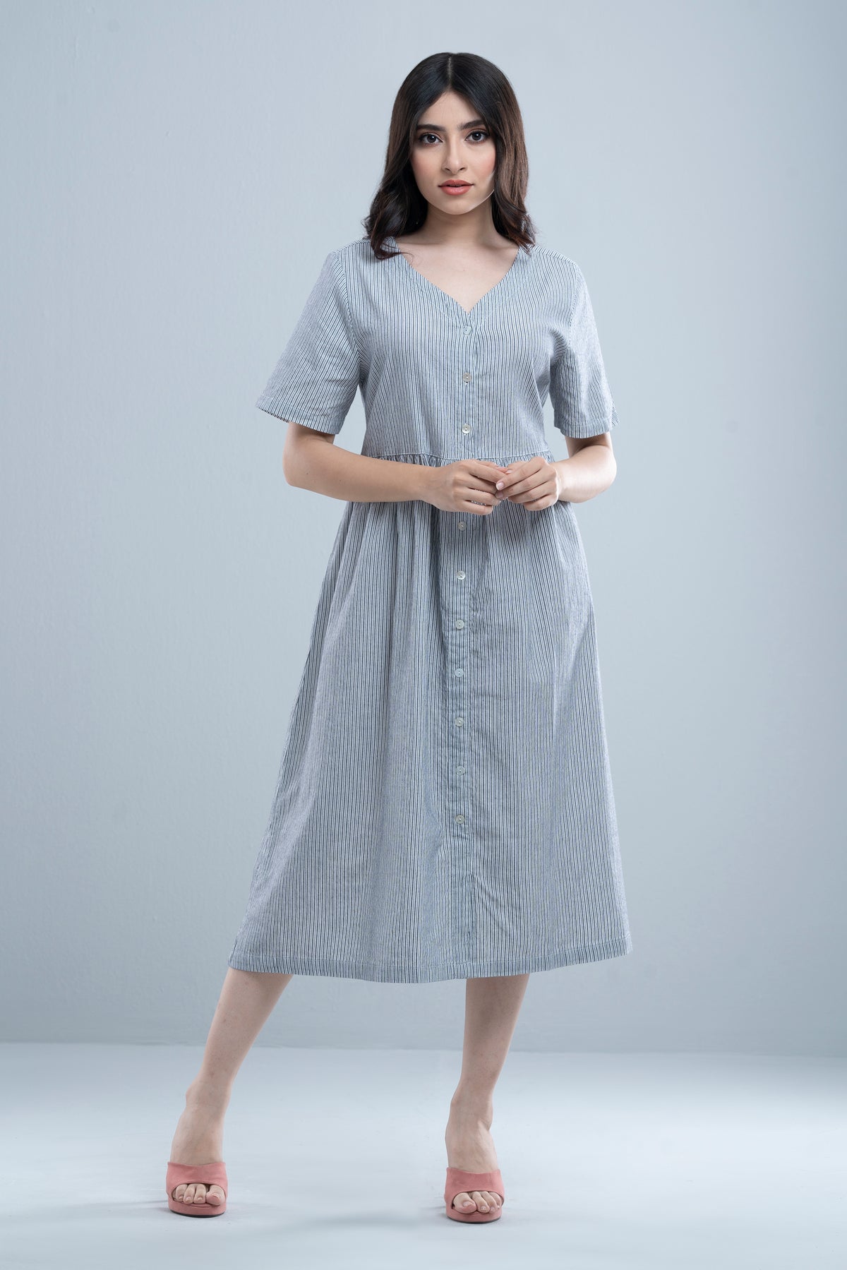 Classic Shirt-Patterned V-Neck Dress