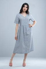 Classic Shirt-Patterned V-Neck Dress