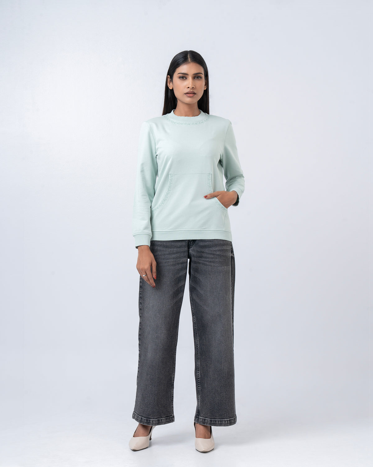 Regular Fit Solid Embroidered Sweatshirt