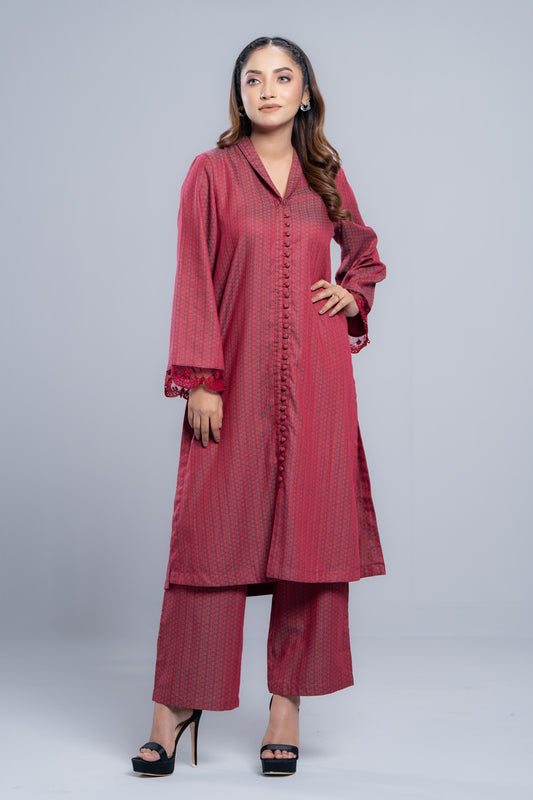 Ready-to-Wear Embroidered Two-Piece Jacquard Ethnic Set with Matching Bottoms