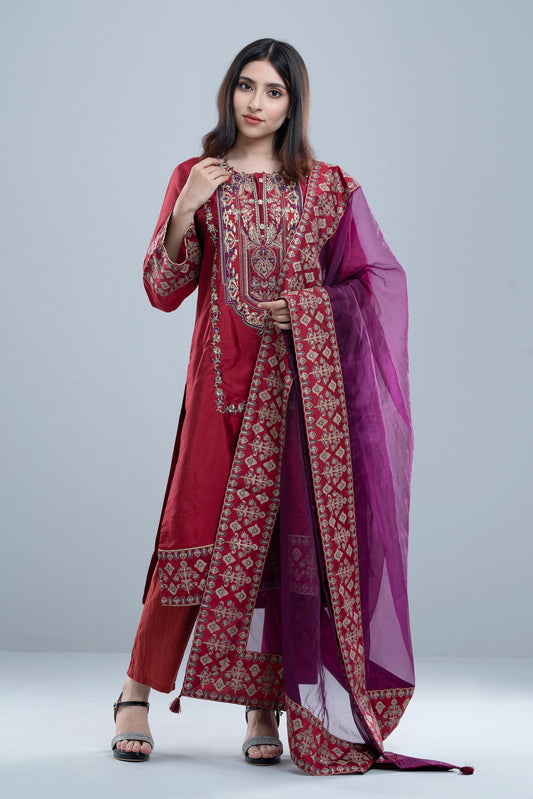 Smart Fit Embroidered Ethnic Formal Set with Organza Dupatta