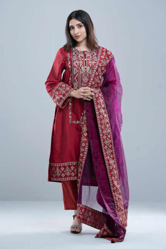 Smart Fit Embroidered Ethnic Formal Set with Organza Dupatta