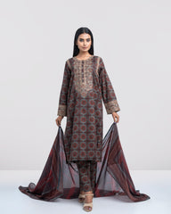 Relaxed Fit Embroidered Three-Piece Lawn with Silk Dupatta