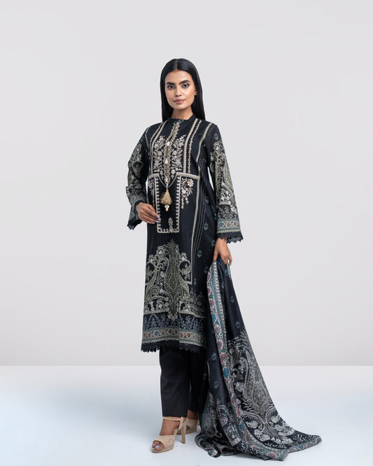 Relaxed Fit Printed Three-Piece Lawn with Silk Dupatta