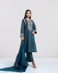 Relaxed Fit Embroidered Three-Piece Lawn with Silk Dupatta