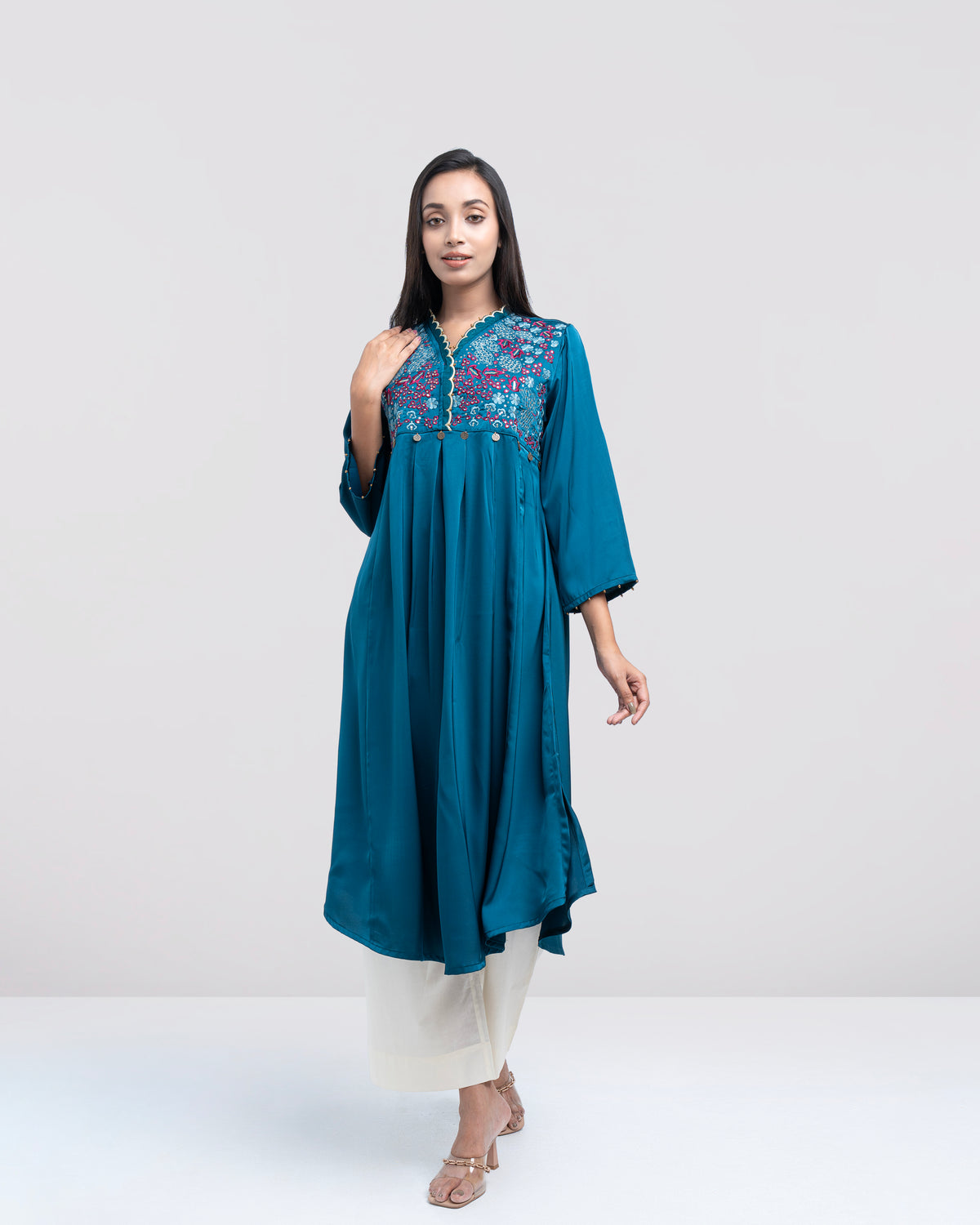 Smart Fit Scallop Embroidered Satin One-Piece Ethnic Kurta