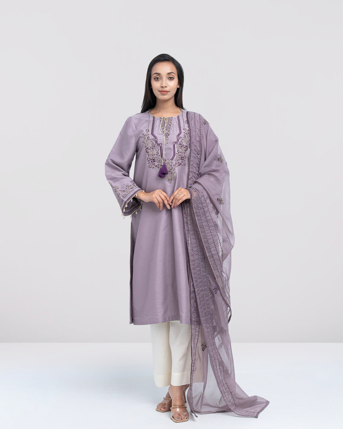 Smart Fit Embellished Two-Piece Formal Ethnic Set with Organza Dupatta