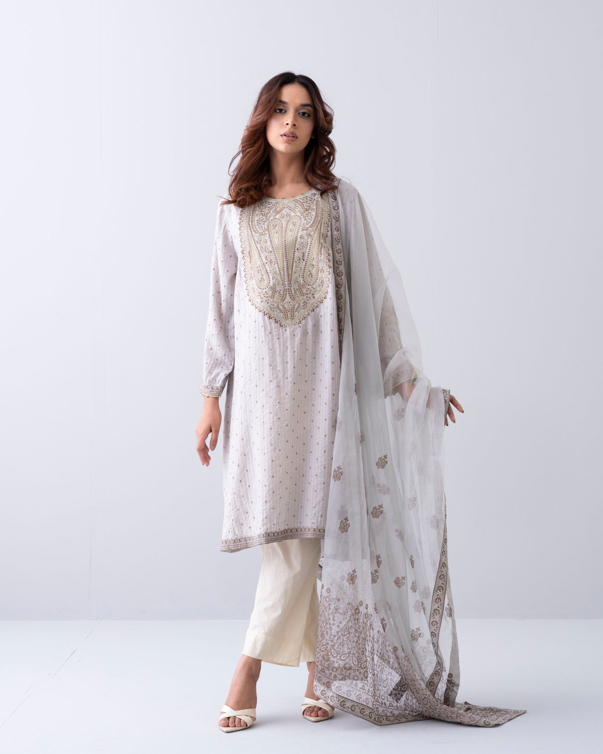 Smart Fit Embroidered Two-Piece Semi Formal Ethnic Set with Organza Dupatta