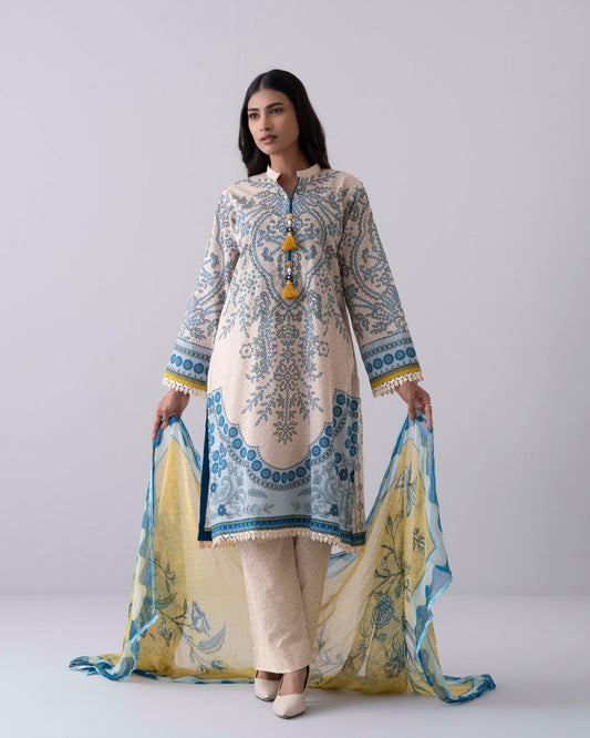 Relaxed Fit Printed Three-Piece Lawn with Chiffon Dupatta