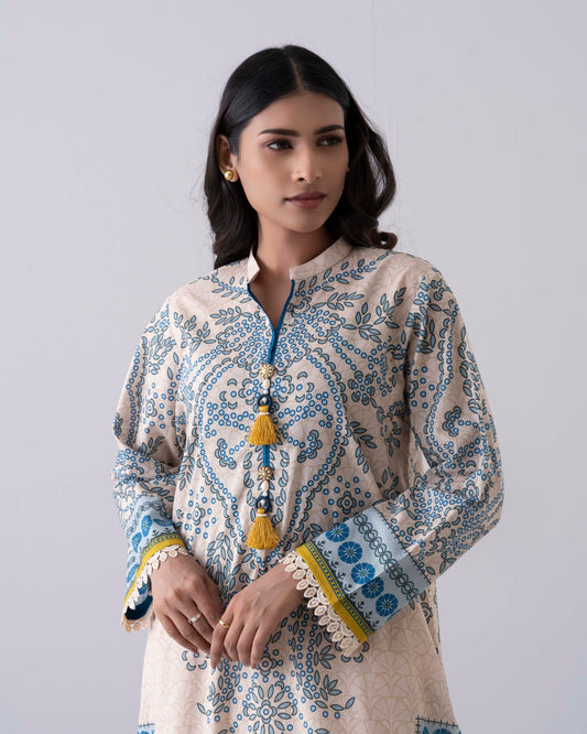 Relaxed Fit Printed Three-Piece Lawn with Chiffon Dupatta