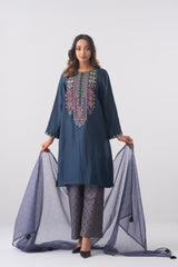 Smart Fit Embroidered Three-Piece Ethnic Set with Organza Dupatta